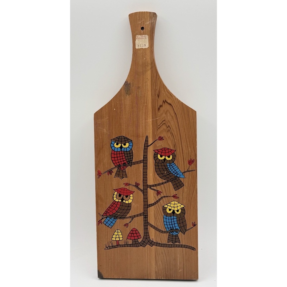 Vitg Owl Mushrooms Wood Cutting Board Folk Art Boho Nevco Kitchen 6"x 15.5" 6619